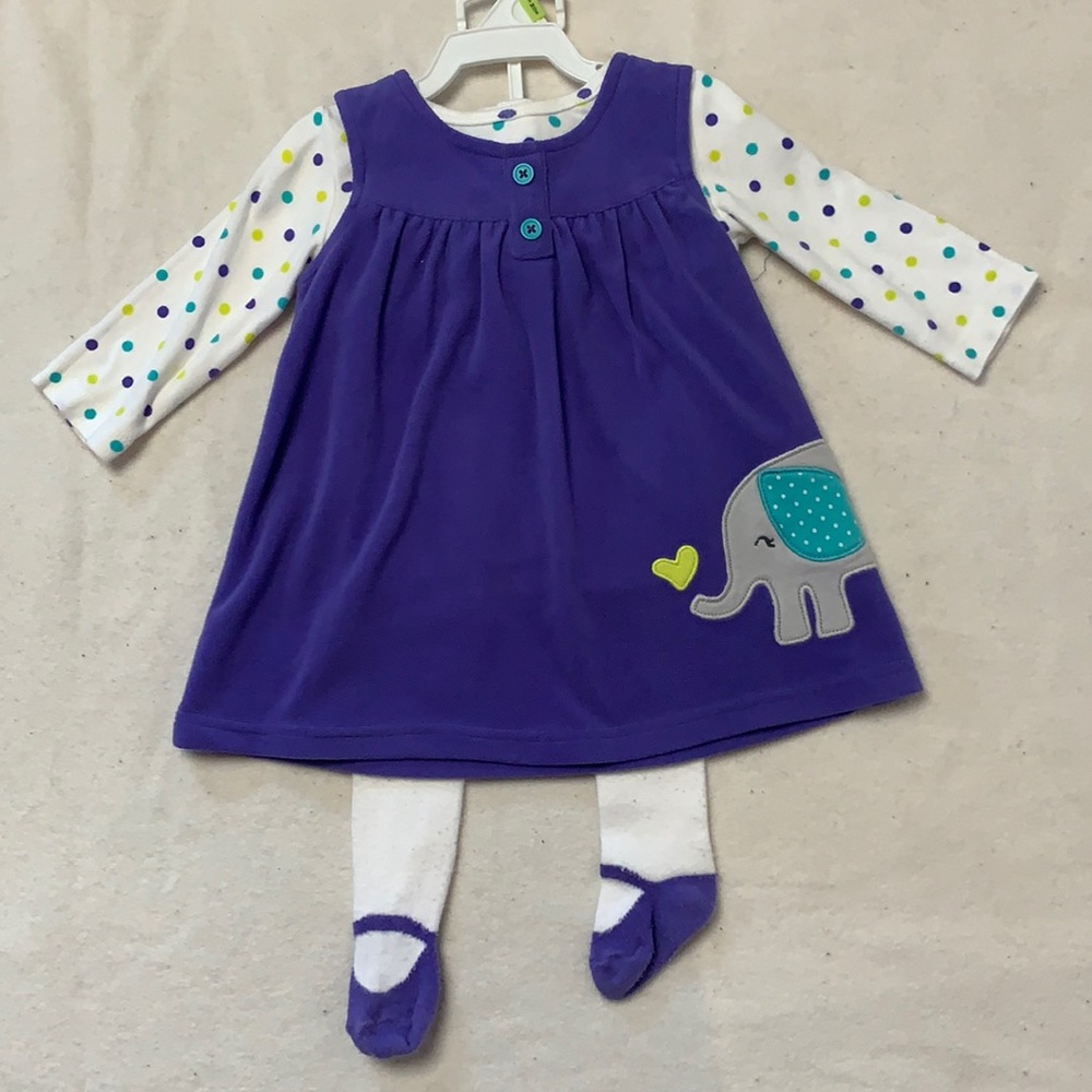 3 pc outfit. Dress, shirt and tights. Purple with elephant and polka dots 9 mos